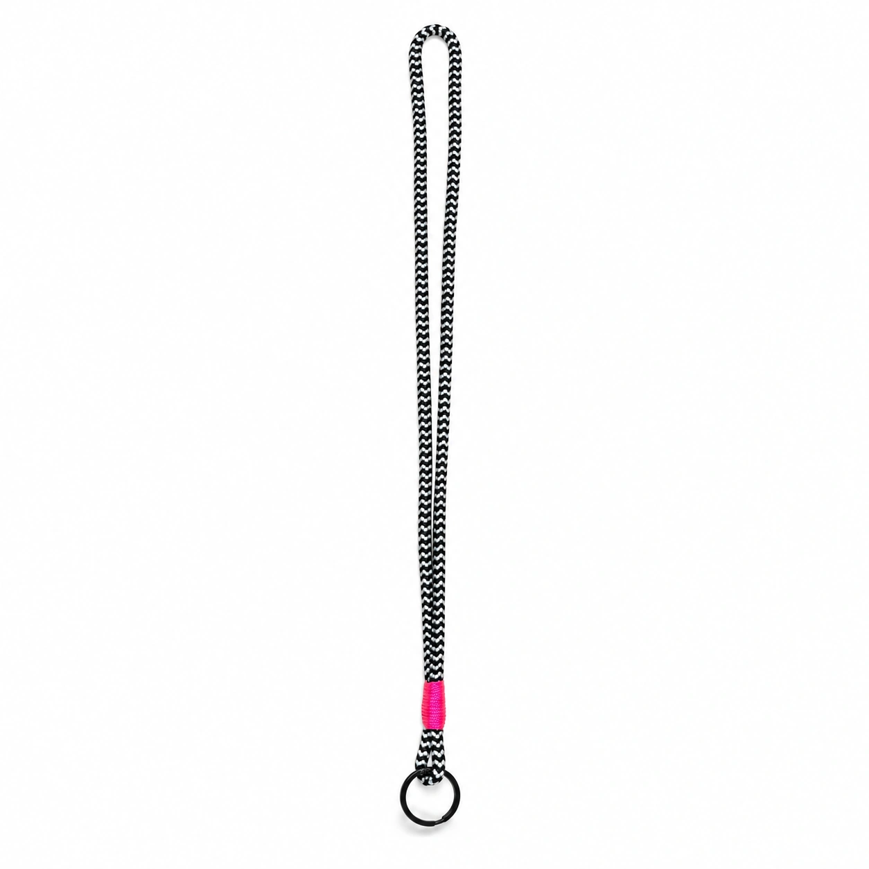 *gyst Schlüsselband lang, schwarz-weisses Seilgeflecht, Wicklung Neonpink, schwarzer Ring, auf weissem Hintergrund